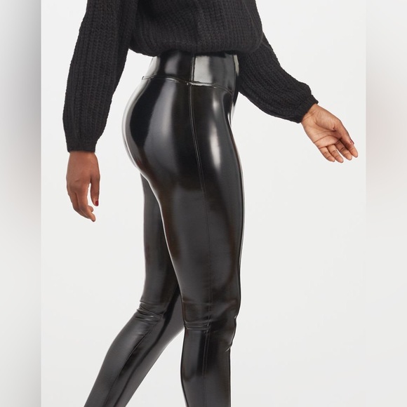 Spanx Size L Tall Latex Black Shiny Leggings Pull On Inseam 30” #J2 - Picture 2 of 7